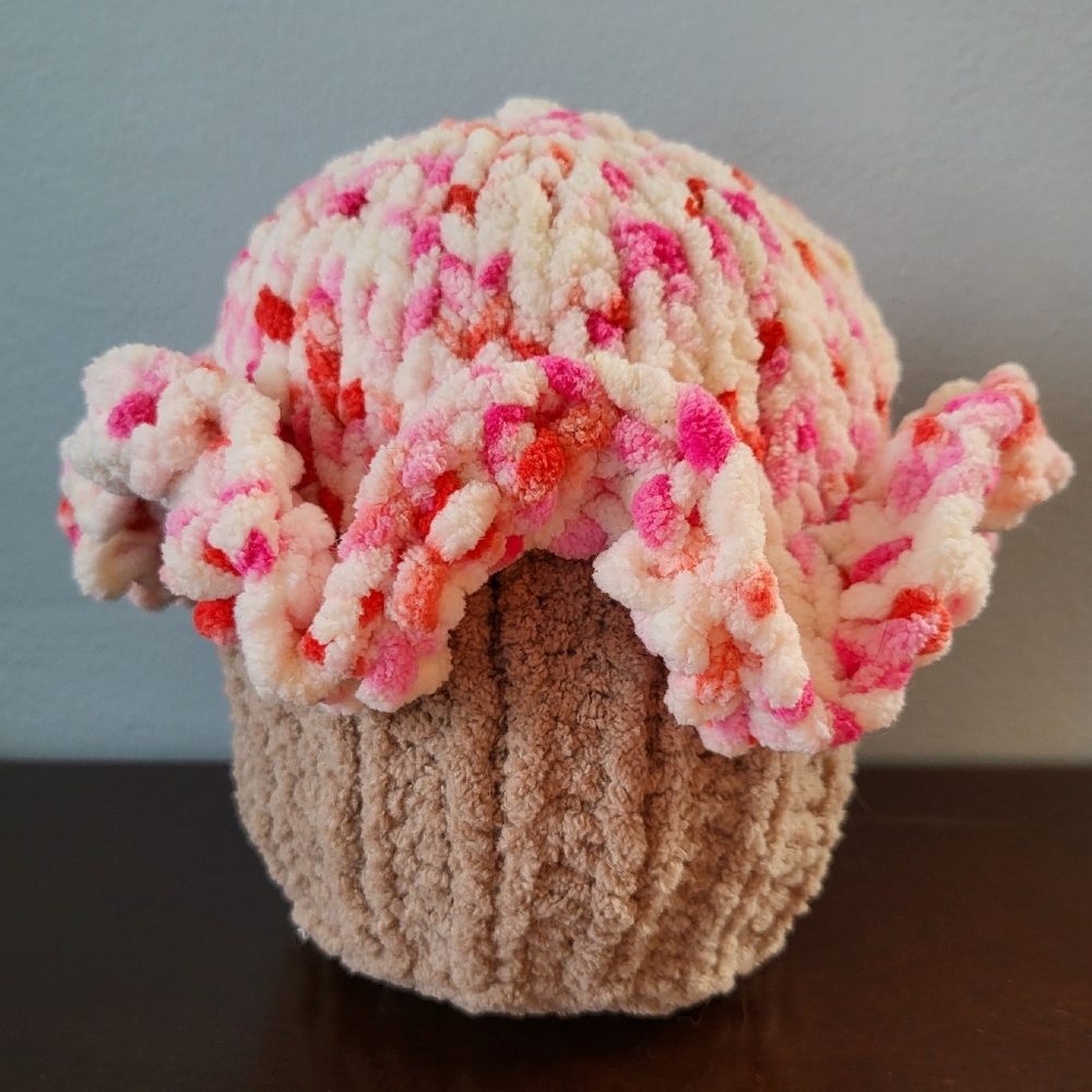 Hand Crafted knit cupcake oversized tan pink and white